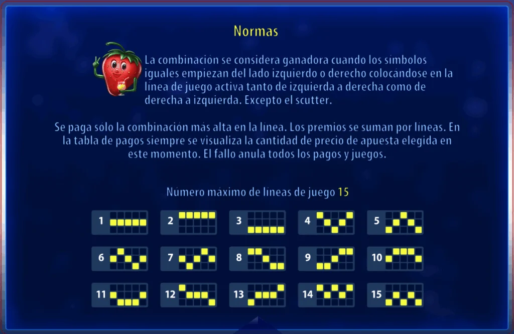 Pantalla de normas de Fruit Party Deluxe con 15 líneas de pago ajustables